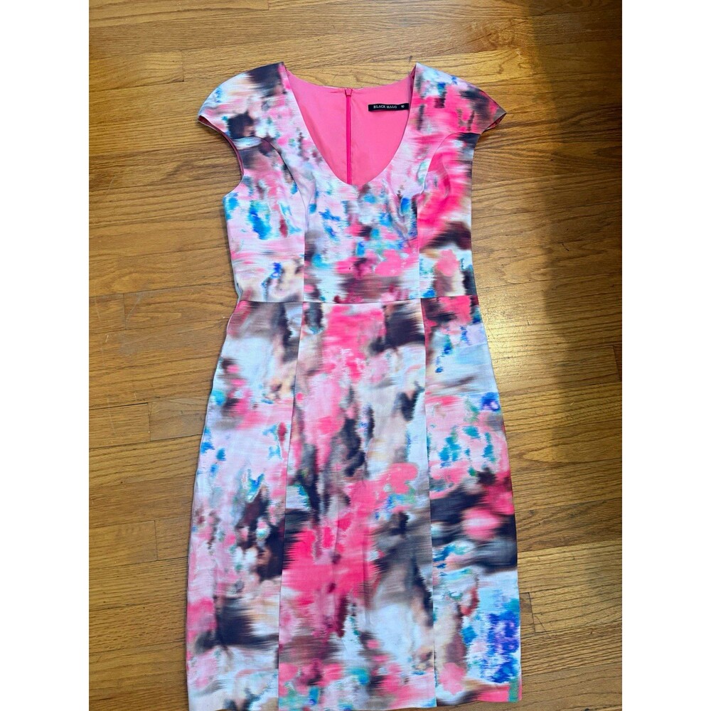 Black Halo Pink Abstract Print V-Neck Cap Sleeve Sheath Dress Size 10